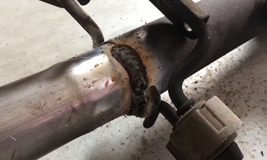 Closeup of the exhaust pipe weld