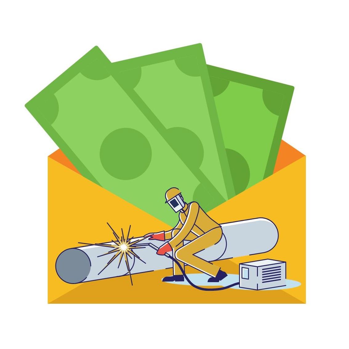 A graphical icon of money in the envelope and a pipe welder