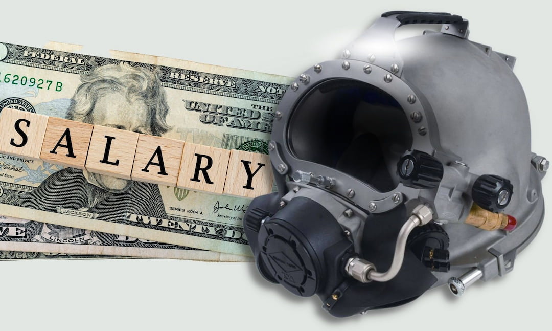 Dollars, salary notice and welding mask for underwater welding