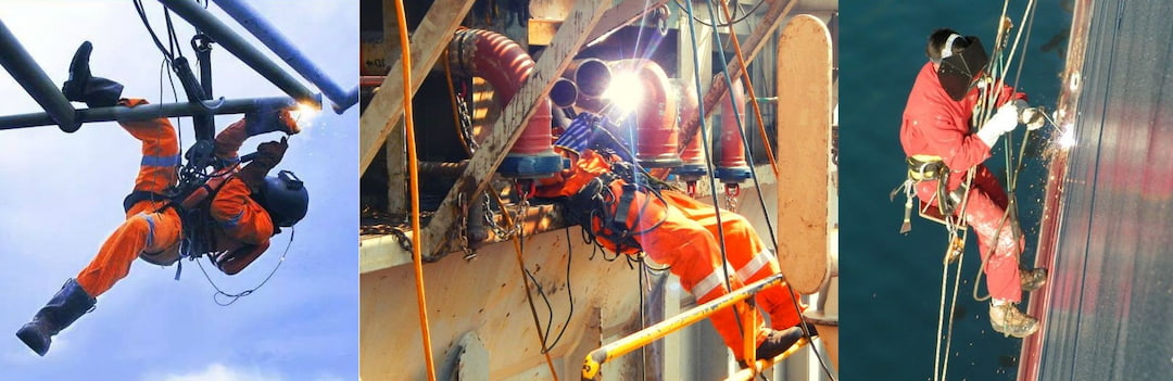 3 images of rope access welders at work