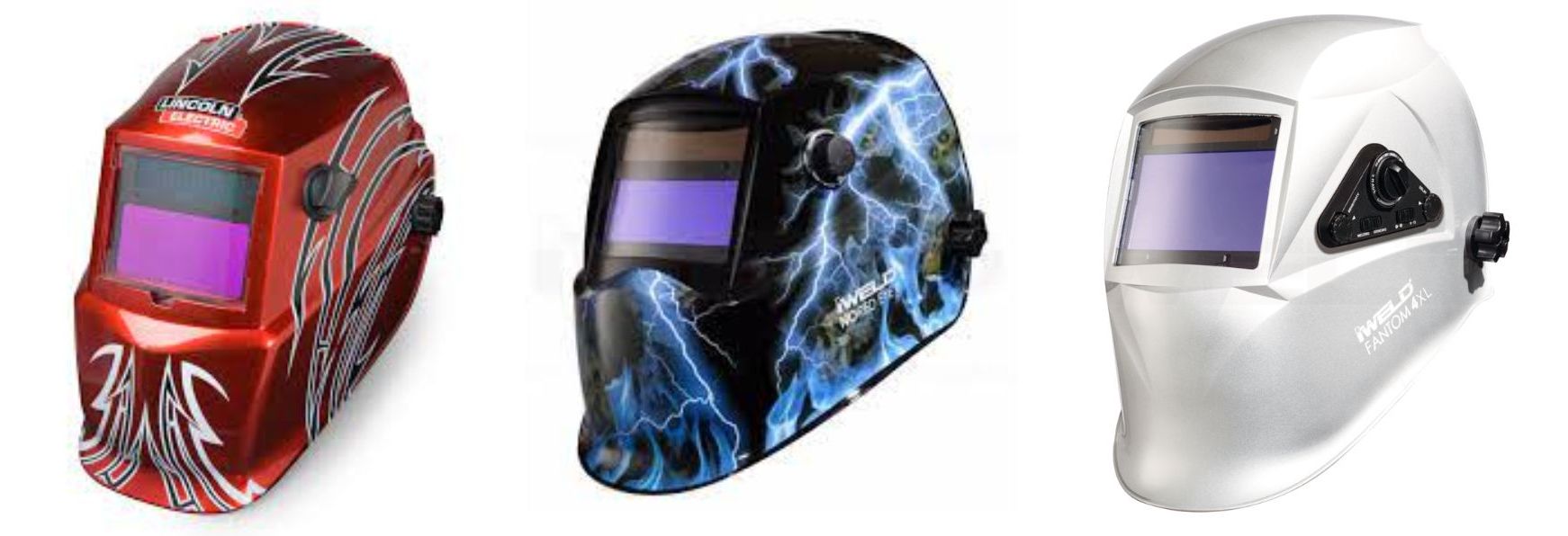 Images of 3 welding helmets in various colors